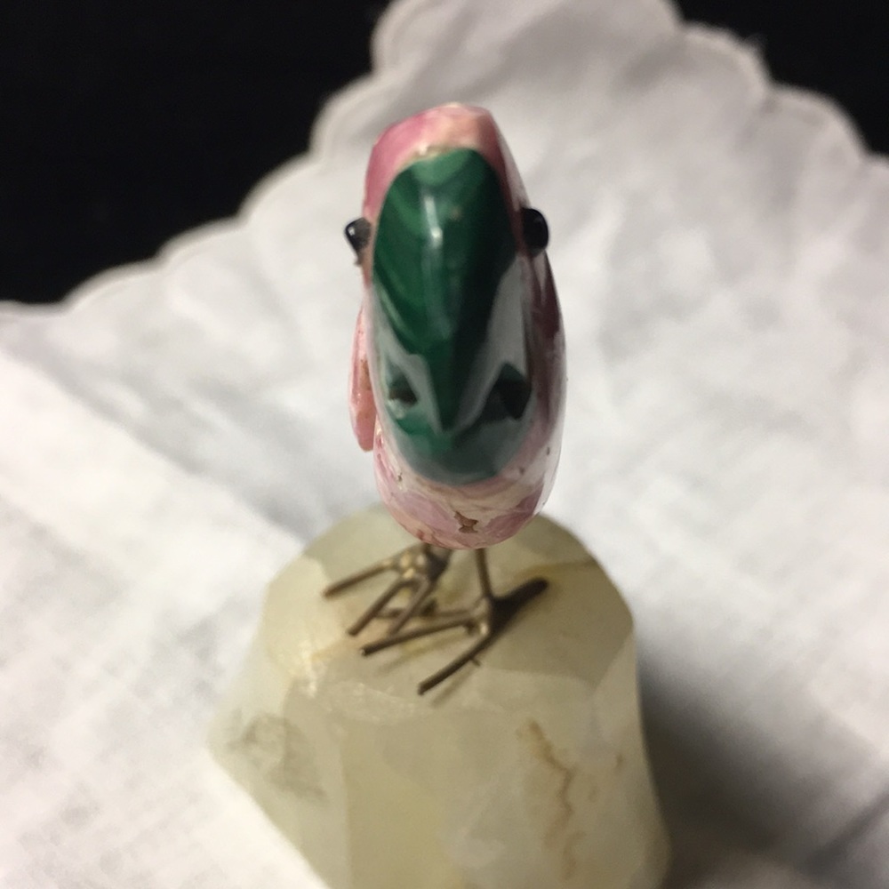Hand Carved Bird Perched on Quartz Crystal Parrot Pink, Blue, White Calcite Peru - Picture 3 of 9